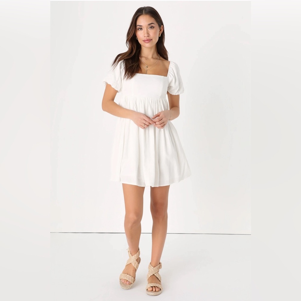 Lulus Coquette Girl White Puff‎ Bubble Sleeve Babydoll Dress - Picture 2 of 3